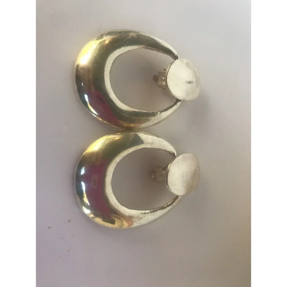 Earrings 1980's look silver tone clip‎ on round circles Dangle Two Tier Chunky